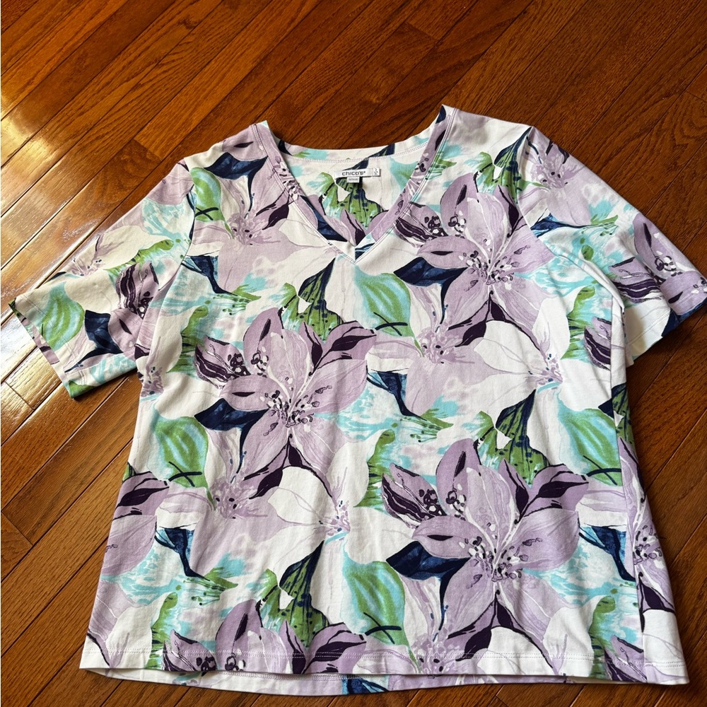 Chico’s Floral Short Sleeve Tee - Lilac & White - Picture 3 of 3